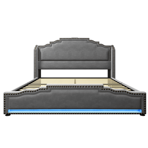 Cama de casal estofada 160x200 cm - com 4 gavetas, iluminação LED, porta de carregamento USB-C e estrado - veludo cinzento - com colchão