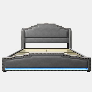 Cama de casal estofada 160x200 cm - com 4 gavetas, iluminação LED, porta de carregamento USB-C e estrado - veludo cinzento - com colchão