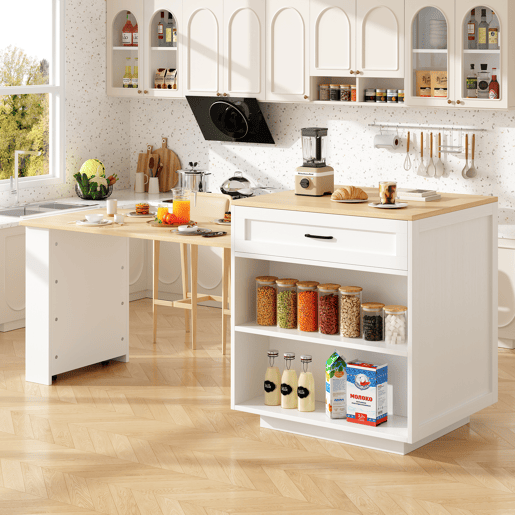 Mesa de bar extensível 133-202x70x93,5 cm - com 2 gavetas e 2 compartimentos - para 2-6 pessoas - branca