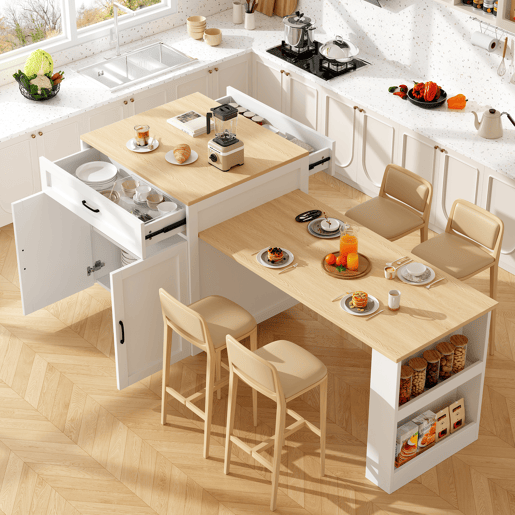 Mesa de bar extensível 133-202x70x93,5 cm - com 2 gavetas e 2 compartimentos - para 2-6 pessoas - branca