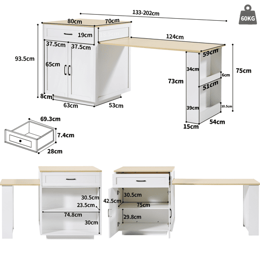 Mesa de bar extensível 133-202x70x93,5 cm - com 2 gavetas e 2 compartimentos - para 2-6 pessoas - branca