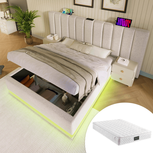 Cama estofada 160x200 - arrumação, LED com controlo por aplicação e USB-C - Bege