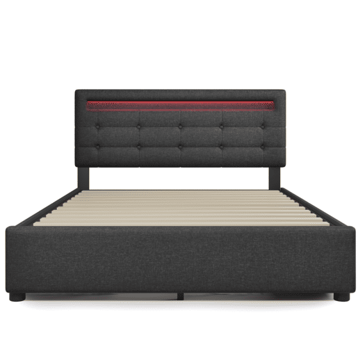 Cama estofada 140x200 cm - Com LED, 4 gavetas, cabeceira ajustável, estrado de madeira - Cinza