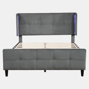 Cama estofada 140x200 cm - Cama de casal com LED de 16 cores, cabeceira e pés acolchoados, estrutura metálica, cabeceira ajustável em três alturas - Cinza