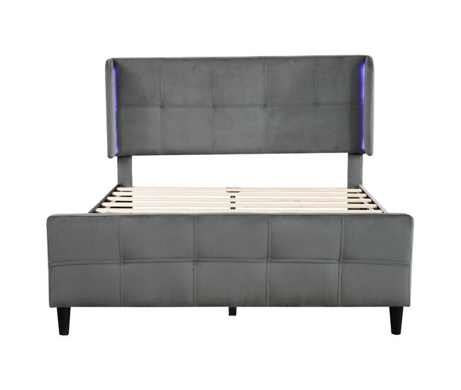 Cama tapizada 140x200cm - cama doble con led de 16 colores, cabecero y pie acolchonados, estructura metálica, cabecero ajustable en tres alturas -