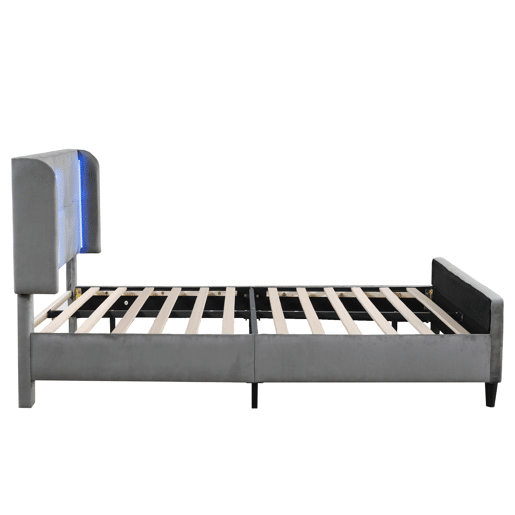 Cama estofada 140x200 cm - Cama de casal com LED de 16 cores, cabeceira e pés acolchoados, estrutura metálica, cabeceira ajustável em três alturas - Cinza