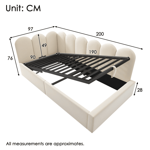 Cama divã 90x190 cm - Sofá-cama com arrumação hidráulica, cama infantil com estrado de metal, veludo - Bege