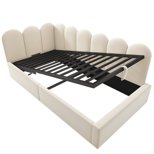 Cama divã 90x190 cm - Sofá-cama com arrumação hidráulica, cama infantil com estrado de metal, veludo - Bege