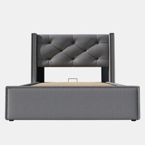Cama individual hidráulica 90x200 - estofada com arrumação e estrado metálico - Cinza