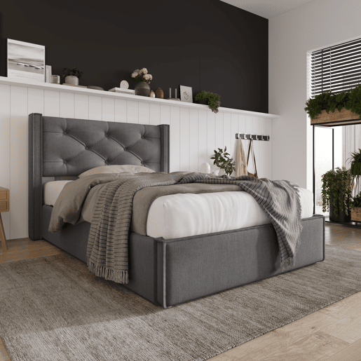 Cama individual hidráulica 90x200 - estofada com arrumação e estrado metálico - Cinza