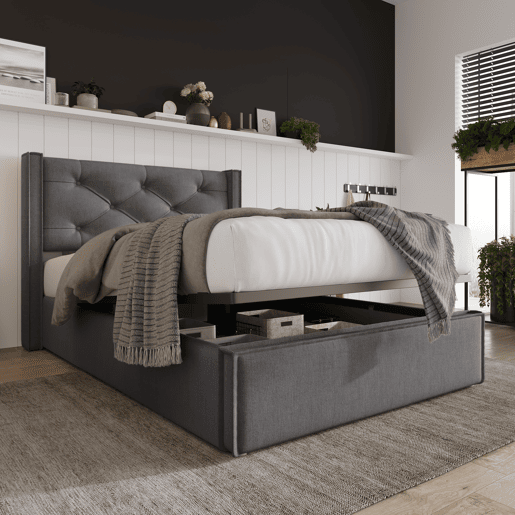 Cama individual hidráulica 90x200 - estofada com arrumação e estrado metálico - Cinza