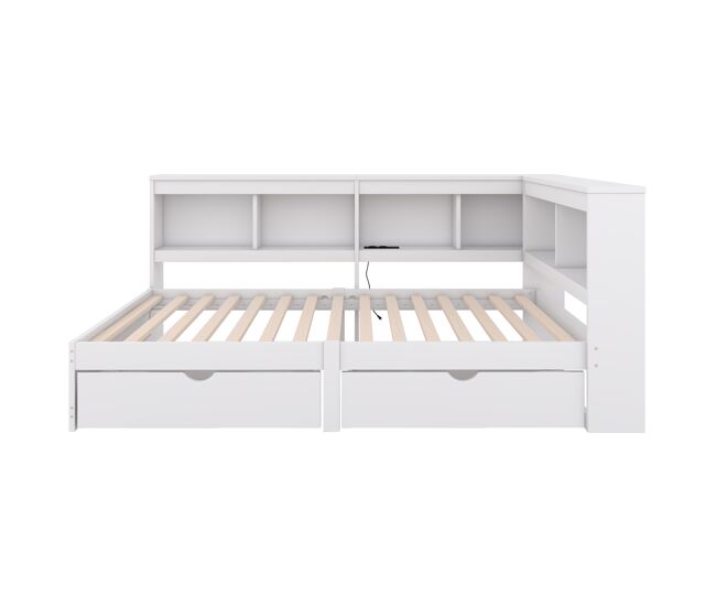 Cama día 90x200cm - sofá cama, con dos cajones, con enchufe y 2 puertos usb, con somier (sin colchón) - blanco