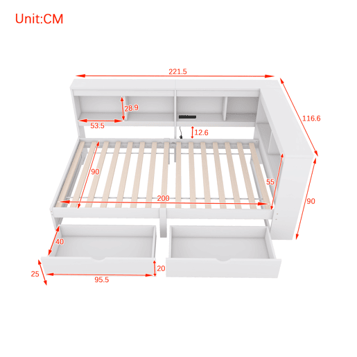 Cama de dia 90x200cm - Sofá-cama, com duas gavetas, tomada e 2 portas USB, com estrado (sem colchão) - Branco