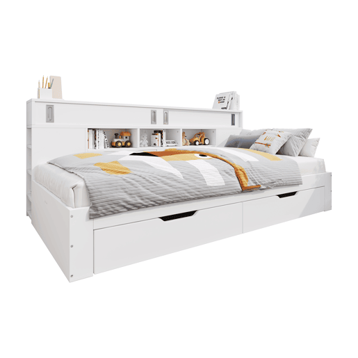 Cama individual 140x200 - cama multifuncional com gavetas, prateleiras e arrumação - Branco