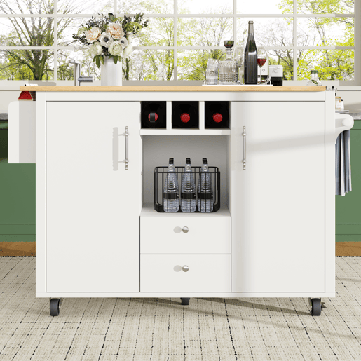 Ilha de cozinha 120x73x92 cm - Buffetschrank, cozinha com bancada dobrável, prateleira para toalhas, prateleira para especiarias, prateleira para vinho e prateleiras ajustáveis - branco