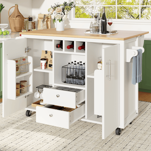 Ilha de cozinha 120x73x92 cm - Buffetschrank, cozinha com bancada dobrável, prateleira para toalhas, prateleira para especiarias, prateleira para vinho e prateleiras ajustáveis - branco