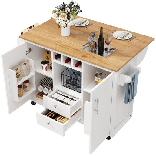 Ilha de cozinha 120x73x92 cm - Buffetschrank, cozinha com bancada dobrável, prateleira para toalhas, prateleira para especiarias, prateleira para vinho e prateleiras ajustáveis - branco