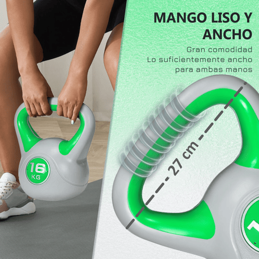 SPORTNOW Kettlebell 16 kg Peso Russo com Revestimento de PU e Enchimento de Areia para Treinamento em Casa Ginásio 26x18x32 cm Verde e Cinza