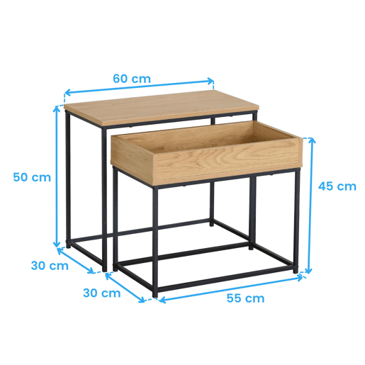 Pacote de mesas de centro laterais de 2 níveis em carvalho cambriano e preto com mesas grandes e pequenas de 60x50x30 cm e 55x45x30 cm