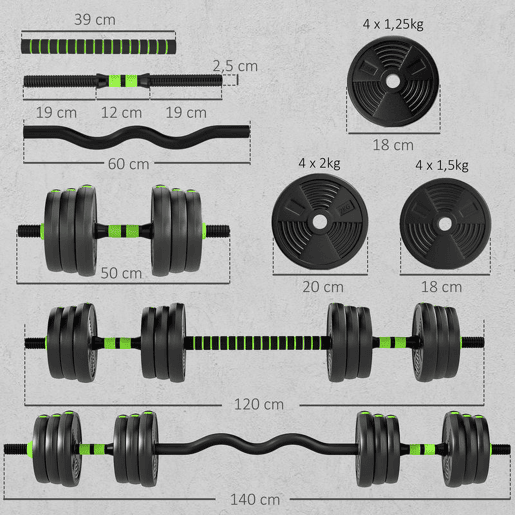 SPORTNOW Conjunto de Halteres Ajustáveis 3 em 1 20 kg Conjunto de Pesos com Barras de Conexão e Pegas Antiderrapantes Pesos e Halteres para Exercício de Fitness Ginásio em Casa