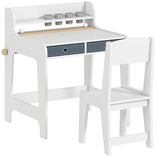 AIYAPLAY Secretária Infantil com Cadeira Secretária para Crianças com 2 Gavetas Extraíveis Estante e Porta-Copos para Estudar Ler e Desenhar Mesa para Crianças para Quarto Sala de Estudo Branco