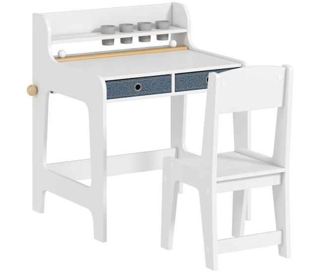 Aiyaplay escritorio infantil con silla, pupitre infantil con 2 cajones extraíbles, estante y portavasos, para estudiar, leer y dibujar, mesa para niños para dormitorio, sala estudio, blanco