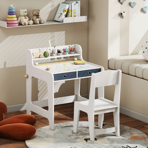 AIYAPLAY Secretária Infantil com Cadeira Secretária para Crianças com 2 Gavetas Extraíveis Estante e Porta-Copos para Estudar Ler e Desenhar Mesa para Crianças para Quarto Sala de Estudo Branco
