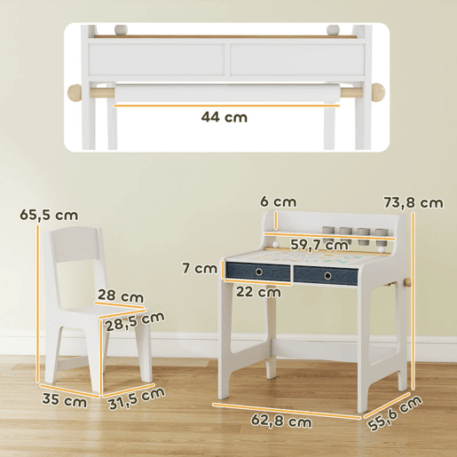 AIYAPLAY Secretária Infantil com Cadeira Secretária para Crianças com 2 Gavetas Extraíveis Estante e Porta-Copos para Estudar Ler e Desenhar Mesa para Crianças para Quarto Sala de Estudo Branco