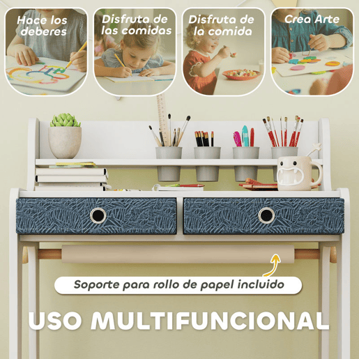 AIYAPLAY Secretária Infantil com Cadeira Secretária para Crianças com 2 Gavetas Extraíveis Estante e Porta-Copos para Estudar Ler e Desenhar Mesa para Crianças para Quarto Sala de Estudo Branco