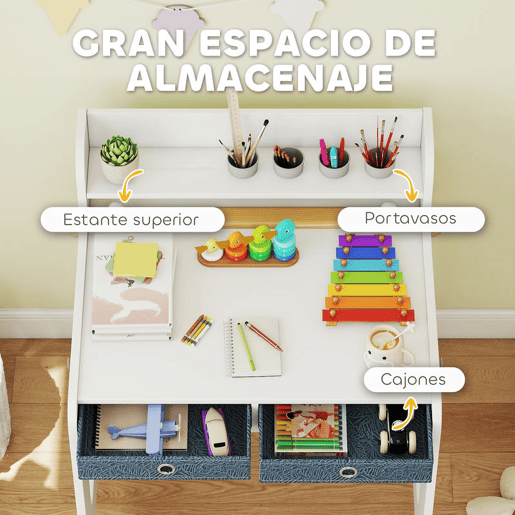 AIYAPLAY Secretária Infantil com Cadeira Secretária para Crianças com 2 Gavetas Extraíveis Estante e Porta-Copos para Estudar Ler e Desenhar Mesa para Crianças para Quarto Sala de Estudo Branco