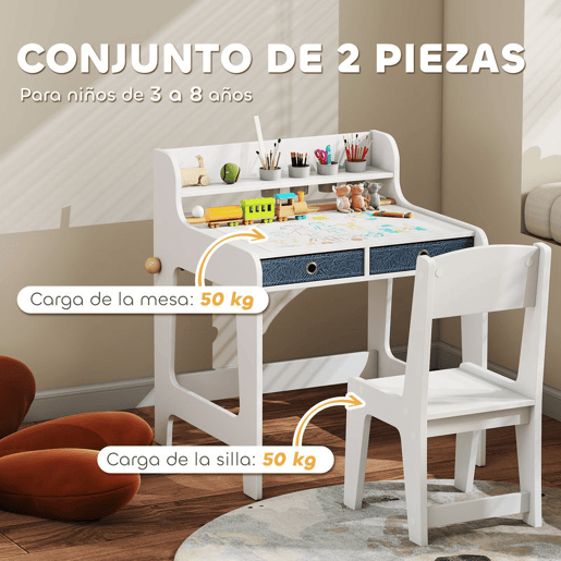 AIYAPLAY Secretária Infantil com Cadeira Secretária para Crianças com 2 Gavetas Extraíveis Estante e Porta-Copos para Estudar Ler e Desenhar Mesa para Crianças para Quarto Sala de Estudo Branco