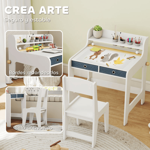 AIYAPLAY Secretária Infantil com Cadeira Secretária para Crianças com 2 Gavetas Extraíveis Estante e Porta-Copos para Estudar Ler e Desenhar Mesa para Crianças para Quarto Sala de Estudo Branco