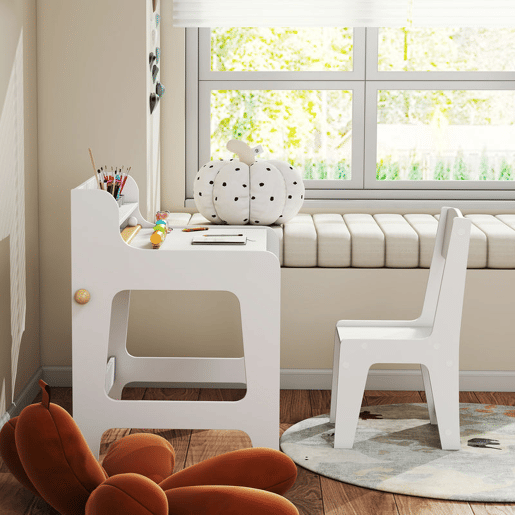 AIYAPLAY Secretária Infantil com Cadeira Secretária para Crianças com 2 Gavetas Extraíveis Estante e Porta-Copos para Estudar Ler e Desenhar Mesa para Crianças para Quarto Sala de Estudo Branco