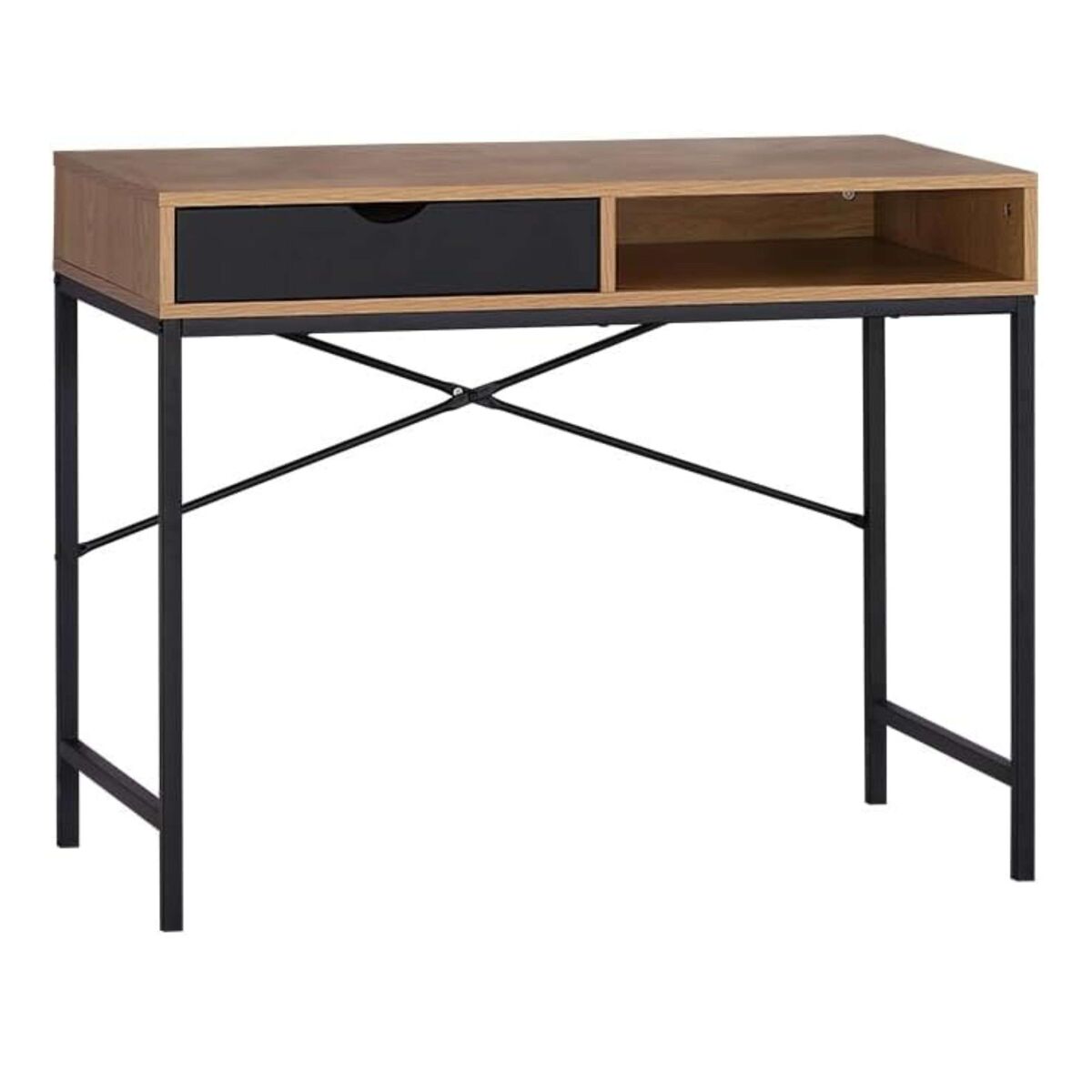 Mesa escritorio industrial oficina muso con cajón y hueco roble cambrian y negro 95x76x48 cm