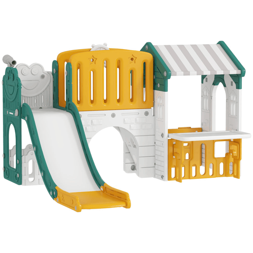 AIYAPLAY Escorrega Infantil 7 em 1 com Casinha para Crianças Escorrega com Escada Aro de Basquetebol Túnel Quadro Telescópio para Interior 189x180x111 cm Amarelo e Verde