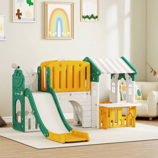 AIYAPLAY Escorrega Infantil 7 em 1 com Casinha para Crianças Escorrega com Escada Aro de Basquetebol Túnel Quadro Telescópio para Interior 189x180x111 cm Amarelo e Verde