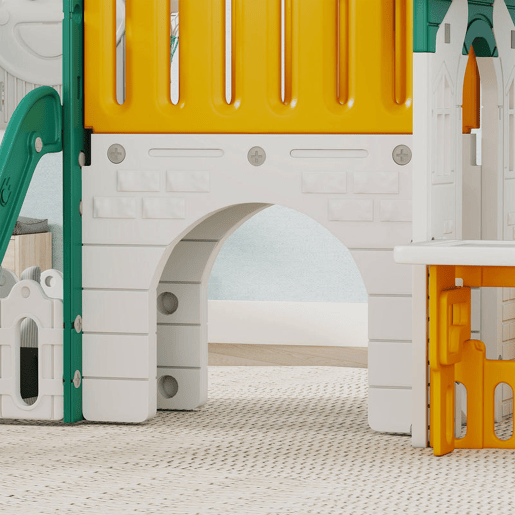 AIYAPLAY Escorrega Infantil 7 em 1 com Casinha para Crianças Escorrega com Escada Aro de Basquetebol Túnel Quadro Telescópio para Interior 189x180x111 cm Amarelo e Verde