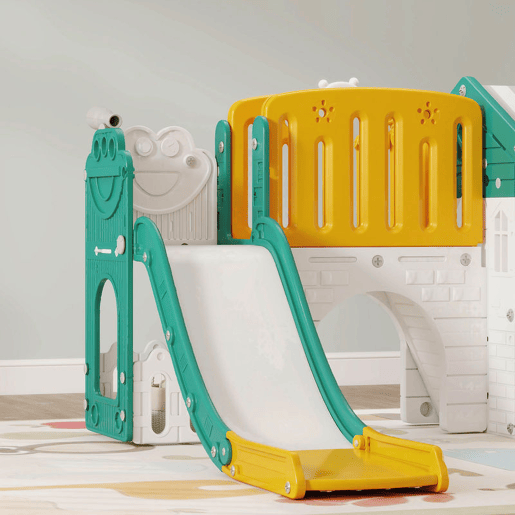 AIYAPLAY Escorrega Infantil 7 em 1 com Casinha para Crianças Escorrega com Escada Aro de Basquetebol Túnel Quadro Telescópio para Interior 189x180x111 cm Amarelo e Verde