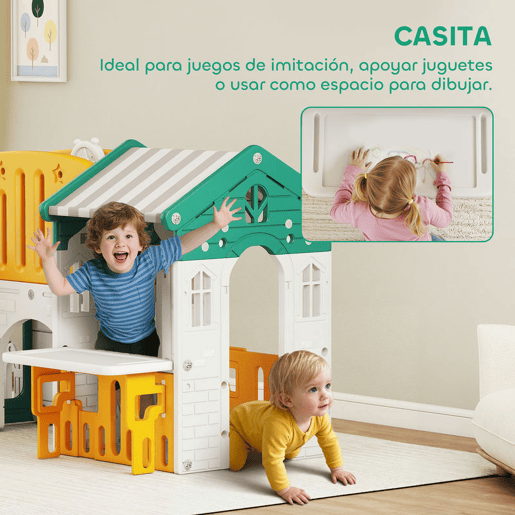 AIYAPLAY Escorrega Infantil 7 em 1 com Casinha para Crianças Escorrega com Escada Aro de Basquetebol Túnel Quadro Telescópio para Interior 189x180x111 cm Amarelo e Verde