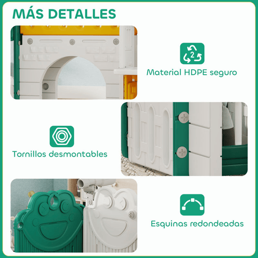 AIYAPLAY Escorrega Infantil 7 em 1 com Casinha para Crianças Escorrega com Escada Aro de Basquetebol Túnel Quadro Telescópio para Interior 189x180x111 cm Amarelo e Verde