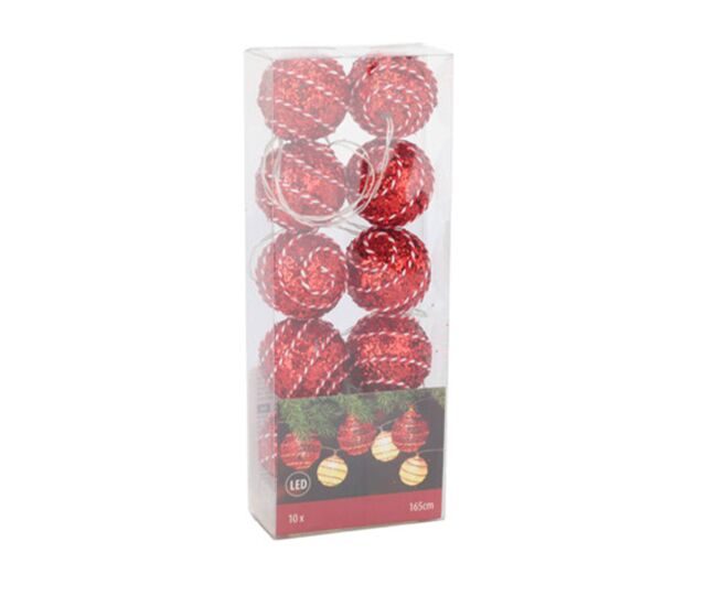 Guirnalda de 10 luces led navideña con bolas decorativas en rojo y blanco