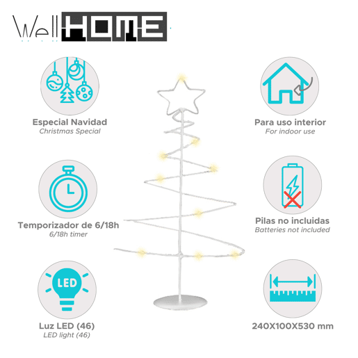 Árvore de Natal decorativa de metal branco Well Home com estrela e 46 luzes LED e temporizador 53x24x10cm