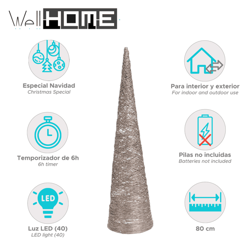 Árvore em formato de cone Well Home com 40 luzes LED brancas quentes 76,5x20x20cm