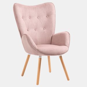 Poltrona Relax Com Encosto Alto Em Tecido Rosa Com Pés De Madeira Natural, Design Escandinavo Acolchoado E Ergonômico Ideal Para Sala Quarto Ou Cantinho De Leitura