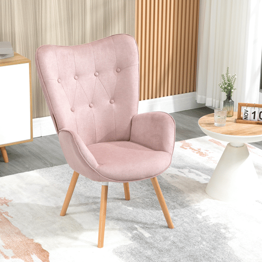 Poltrona Relax Com Encosto Alto Em Tecido Rosa Com Pés De Madeira Natural, Design Escandinavo Acolchoado E Ergonômico Ideal Para Sala Quarto Ou Cantinho De Leitura