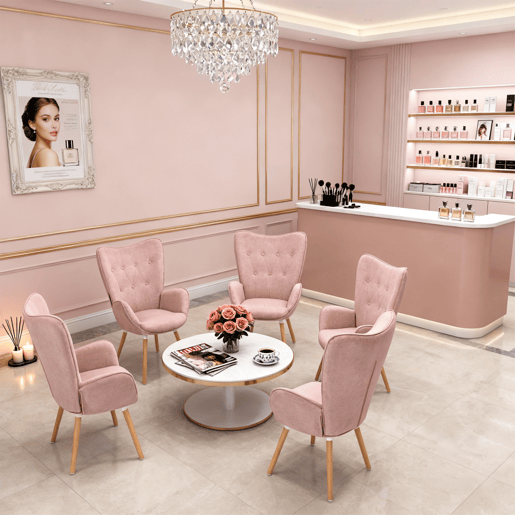 Poltrona Relax Com Encosto Alto Em Tecido Rosa Com Pés De Madeira Natural, Design Escandinavo Acolchoado E Ergonômico Ideal Para Sala Quarto Ou Cantinho De Leitura
