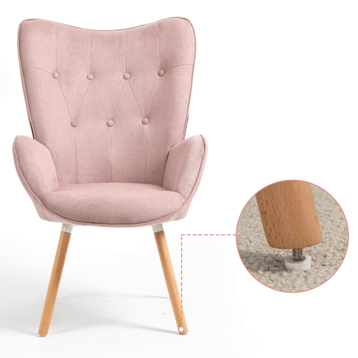 Poltrona Relax Com Encosto Alto Em Tecido Rosa Com Pés De Madeira Natural, Design Escandinavo Acolchoado E Ergonômico Ideal Para Sala Quarto Ou Cantinho De Leitura