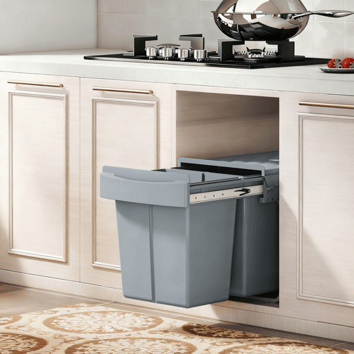 HOMCOM Balde do Lixo Sob o Balcão Caixote do Lixo de Cozinha 2 Contentores de Reciclagem Removíveis 2 x 20 L Deslizamento Suave Pega Tampa com Padrão de Diamante Cinzento