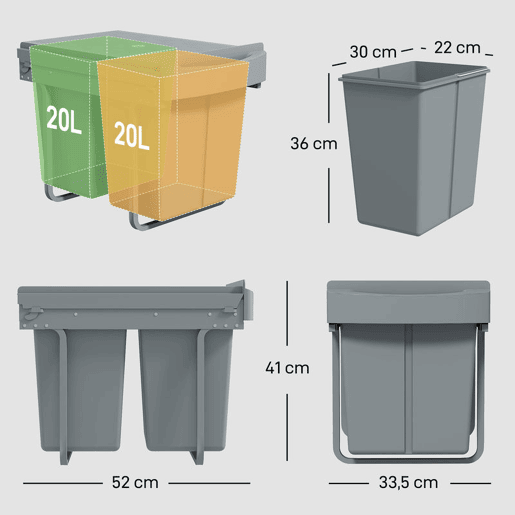 HOMCOM Balde do Lixo Sob o Balcão Caixote do Lixo de Cozinha 2 Contentores de Reciclagem Removíveis 2 x 20 L Deslizamento Suave Pega Tampa com Padrão de Diamante Cinzento