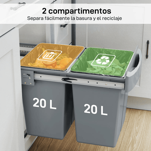 HOMCOM Balde do Lixo Sob o Balcão Caixote do Lixo de Cozinha 2 Contentores de Reciclagem Removíveis 2 x 20 L Deslizamento Suave Pega Tampa com Padrão de Diamante Cinzento